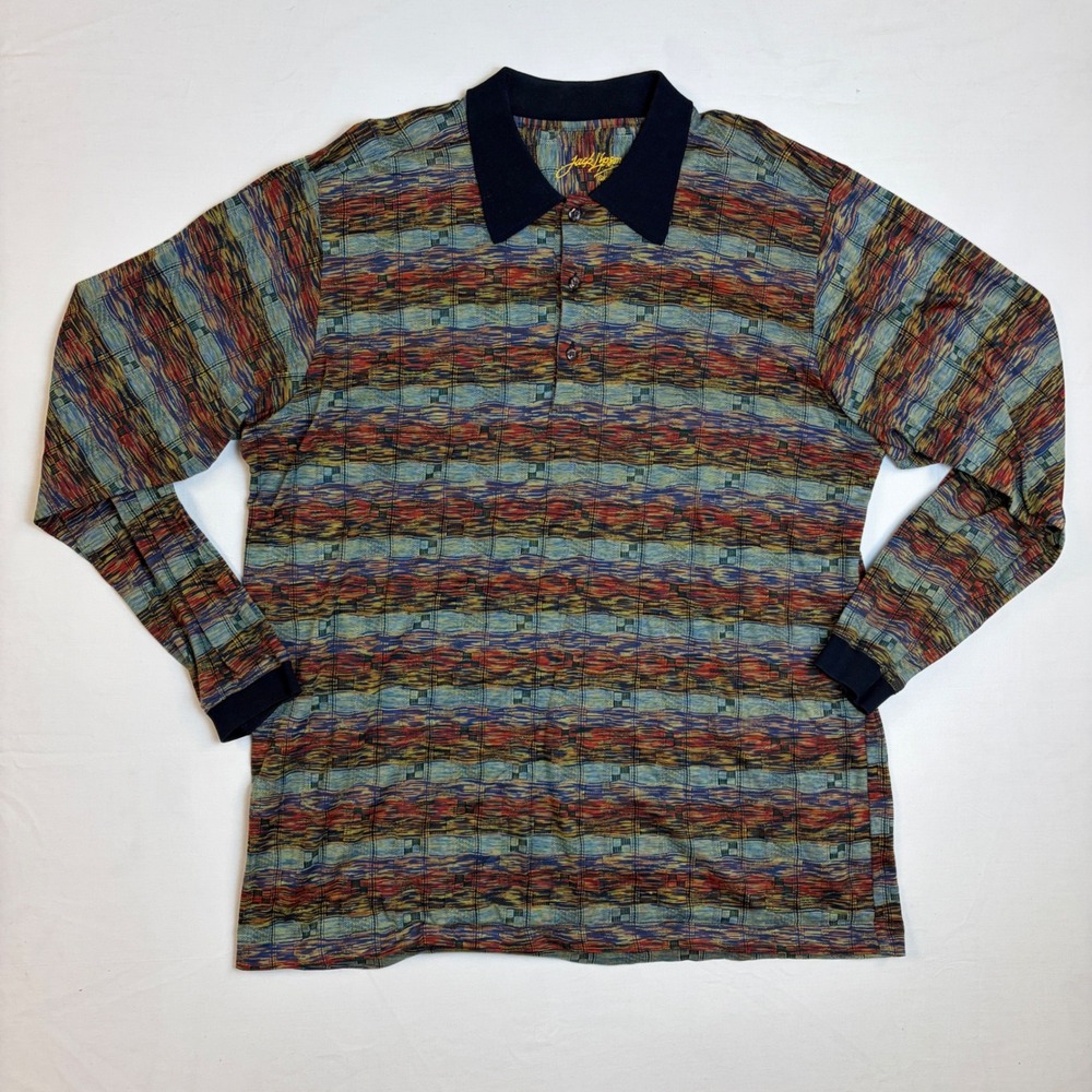Jack Lipson Signature Mens Large Long Sleeve Polo Shirt Abstract 90s Retro